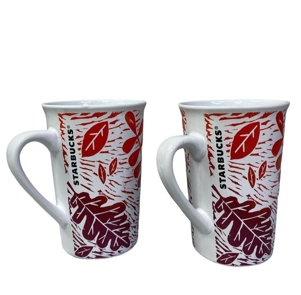 New Starbucks Lot of 2 White Fall Autumn Leaves Coffee Tea Mugs 11 oz.